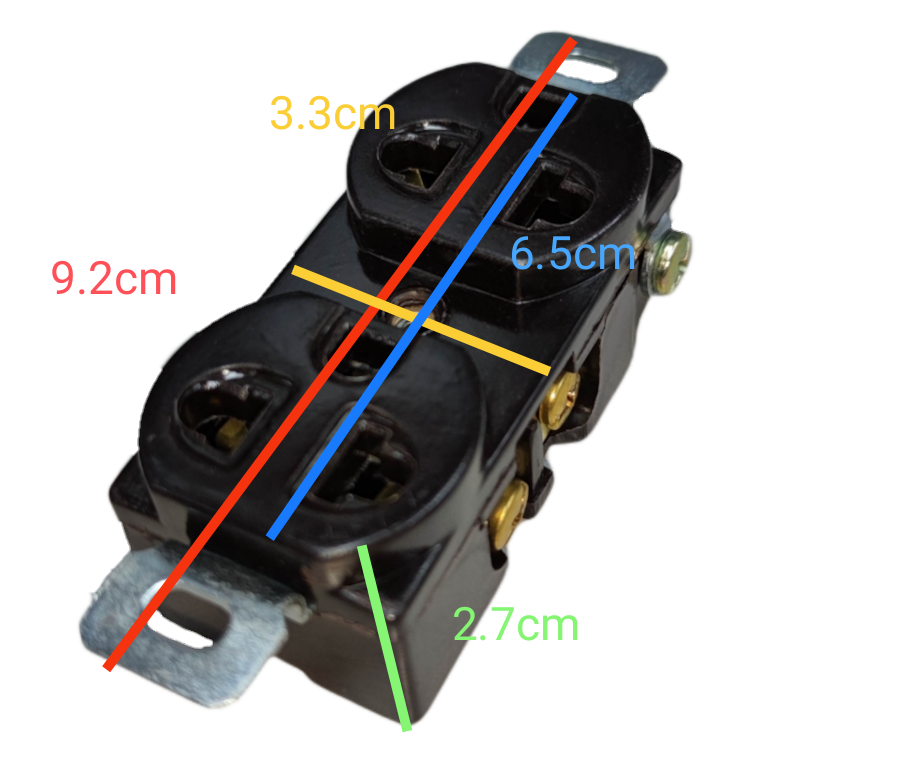 Kopez grounded duplex socket black power outlet with metal mounting brackets and detailed dimensions