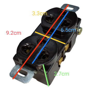 Kopez grounded duplex socket black power outlet with metal mounting brackets and detailed dimensions