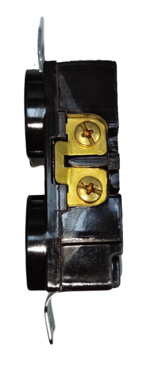 Side view of Kopez grounded duplex socket showing brass screw terminals and black casing
