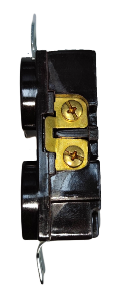Side view of Kopez grounded duplex socket showing brass screw terminals and black casing