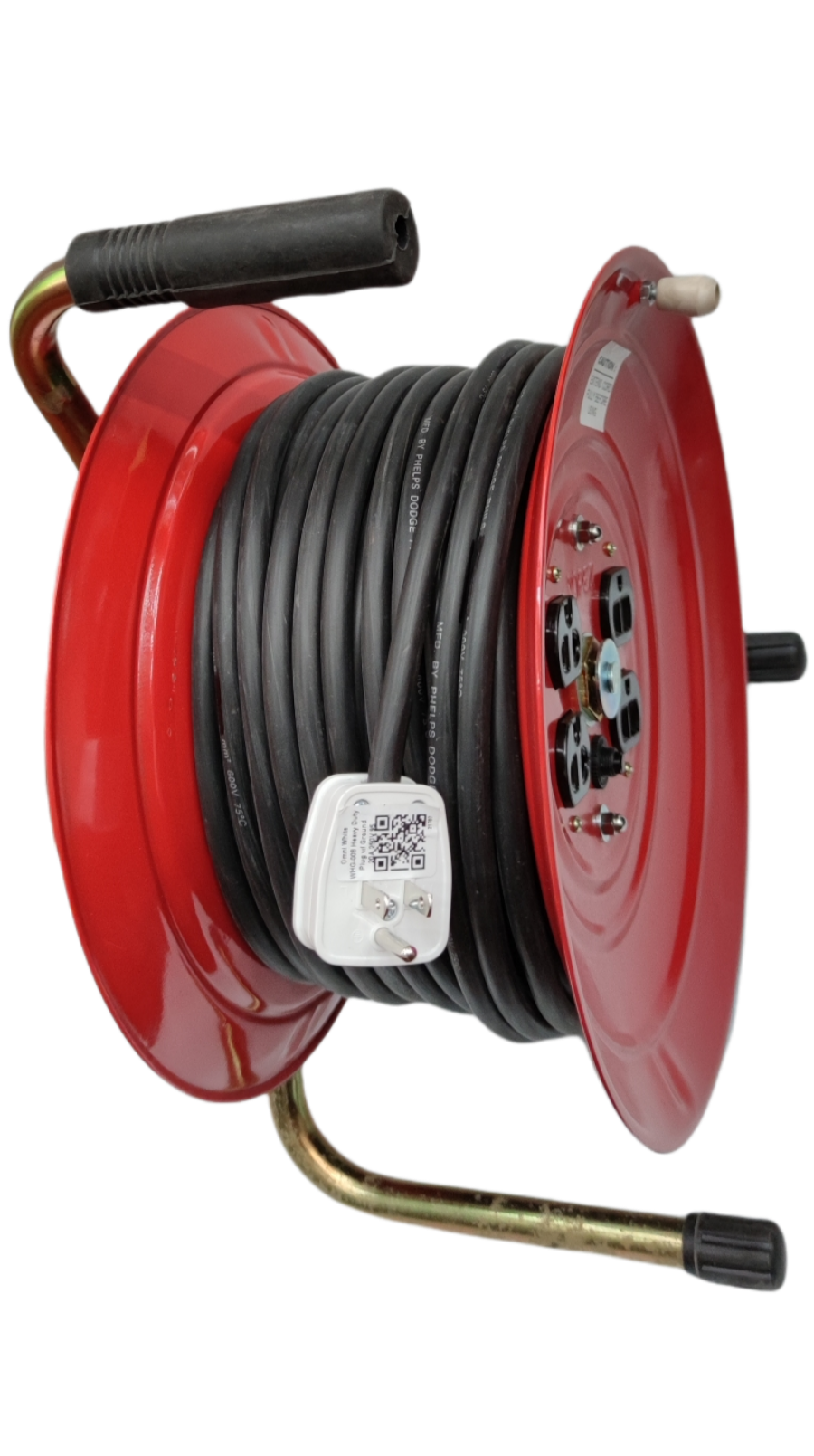 Red industrial drum extension cord reel with black heavy-duty cable and white plug