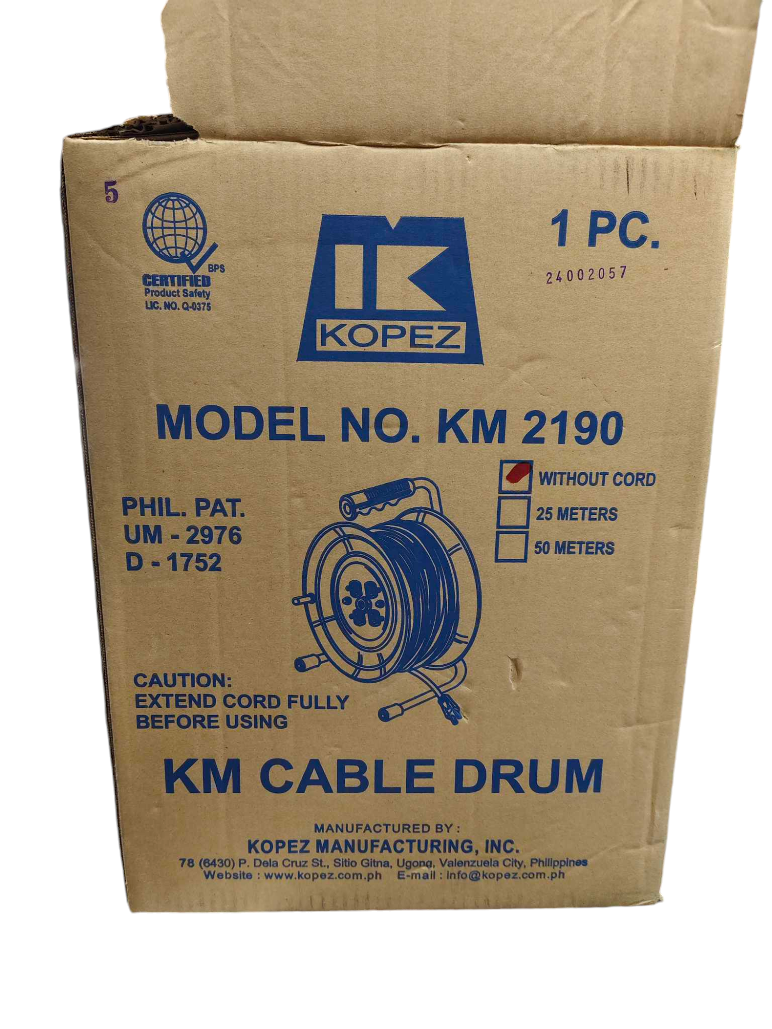 Kopez KM Cable Drum box featuring industrial drum extension cord with 25 and 50 meter options