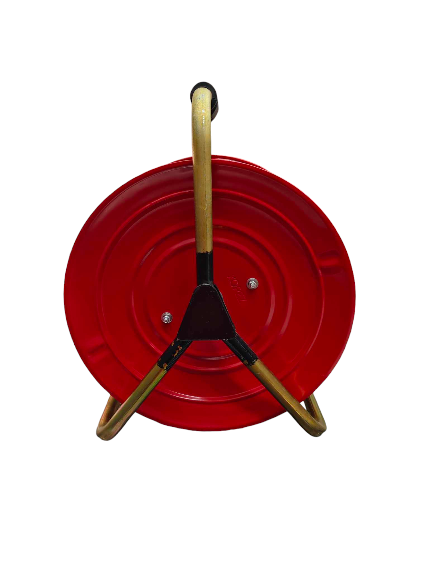 Red industrial drum extension cord reel with yellow handle and black stand for heavy-duty use