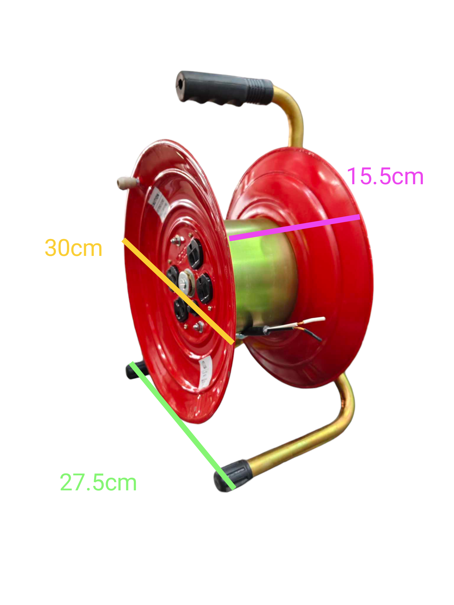 Red industrial drum extension cord reel with ergonomic handle and sturdy metal frame for heavy-duty use