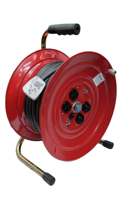 Red industrial drum extension cord reel with black cable and multiple power outlets on metal stand