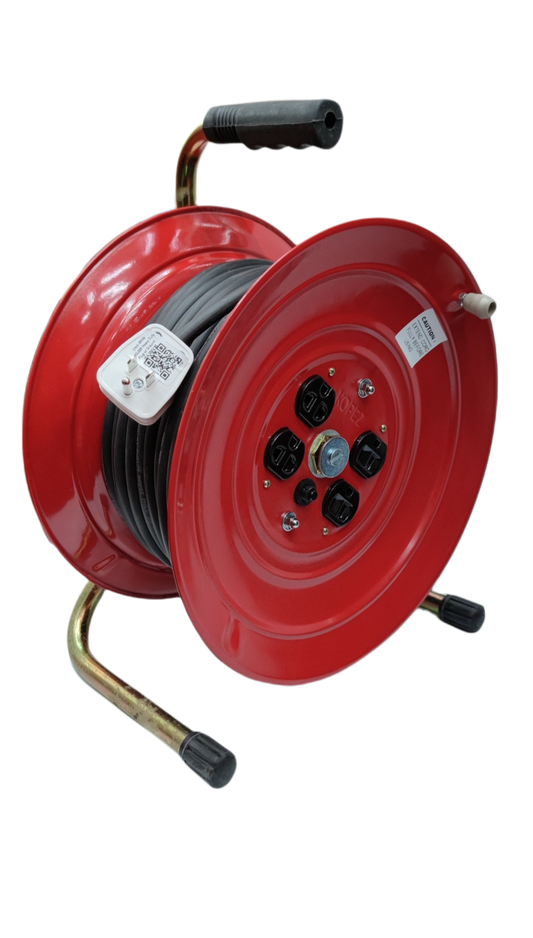 Red industrial drum extension cord reel with black cable and multiple power outlets on metal stand