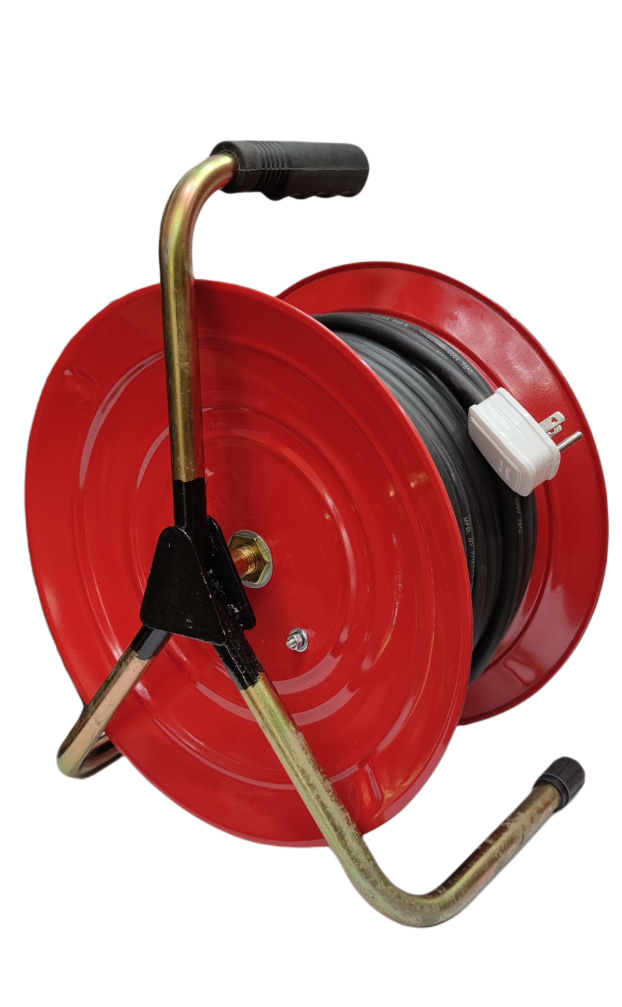 Red industrial drum extension cord with black cable and white plug on metal frame stand
