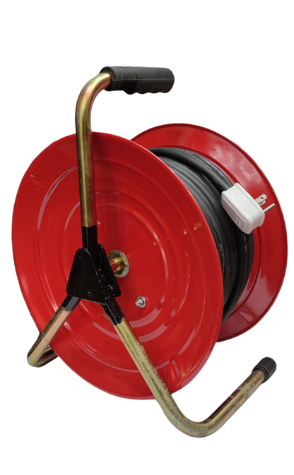 Red industrial drum extension cord with black cable and white plug on metal frame stand