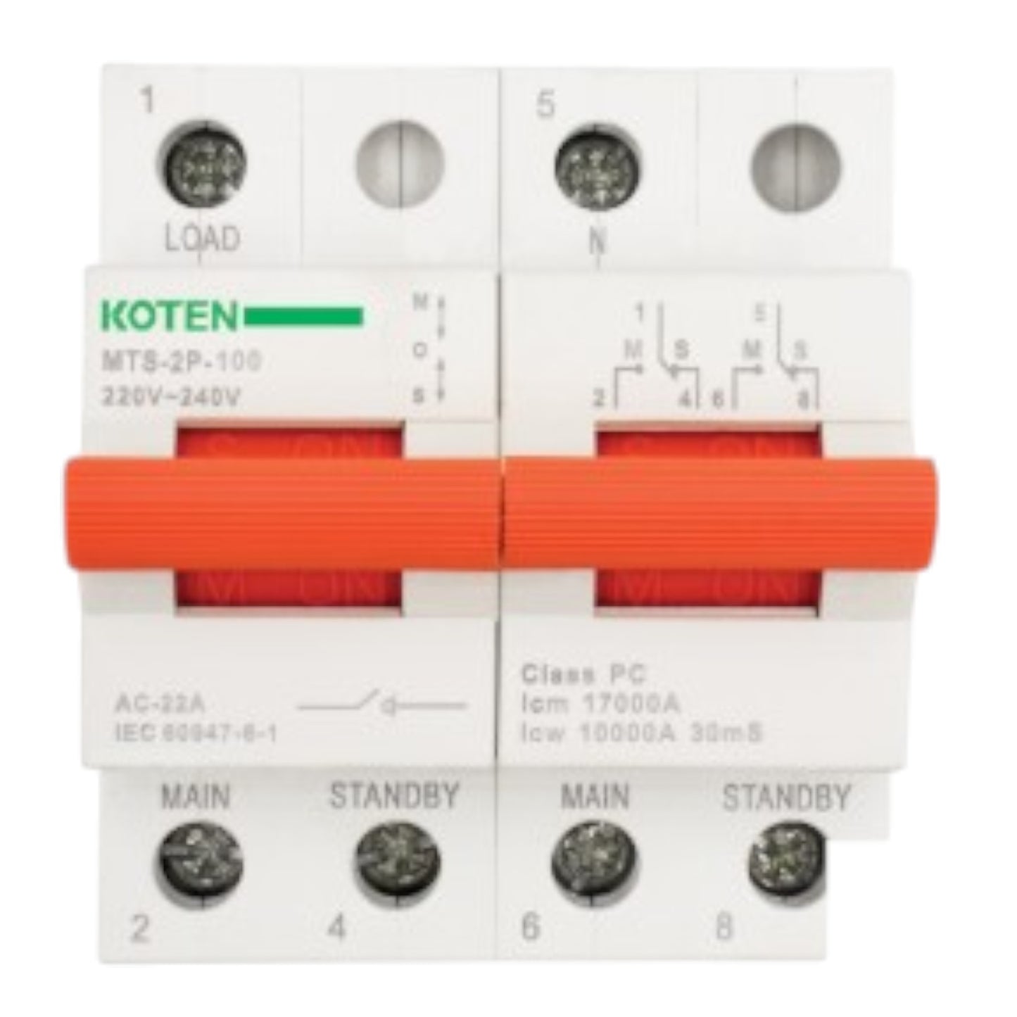 White Koten dual pole 220V switch with orange handle and screw terminals 100A manual transfer switch