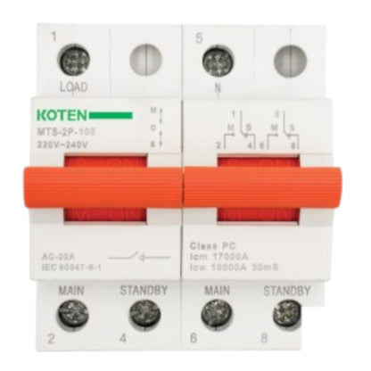 White Koten dual pole 220V switch with orange handle and screw terminals 100A manual transfer switch