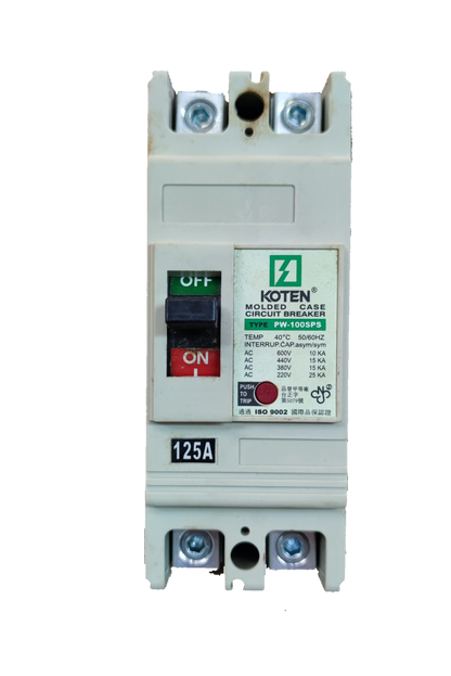 Koten 125A Molded Case Circuit Breaker 2 Pole with ON OFF switch and detailed labeling