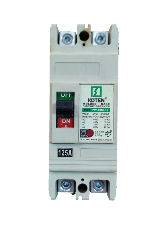 Koten 125A Molded Case Circuit Breaker 2 Pole with ON OFF switch and detailed labeling