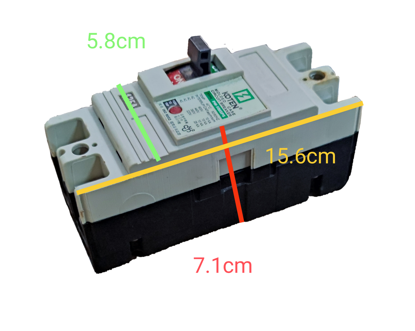 Koten 125A Molded Case Circuit Breaker 2 Pole with dimensions 15.6 cm by 7.1 cm by 5.8 cm
