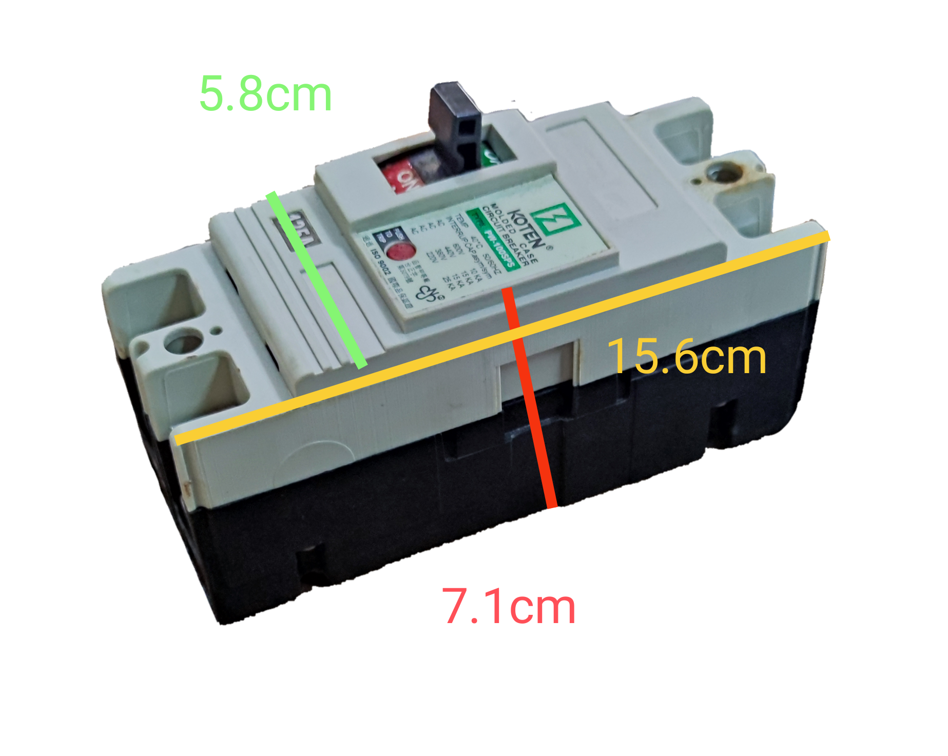 Koten 125A Molded Case Circuit Breaker 2 Pole with dimensions 15.6 cm by 7.1 cm by 5.8 cm