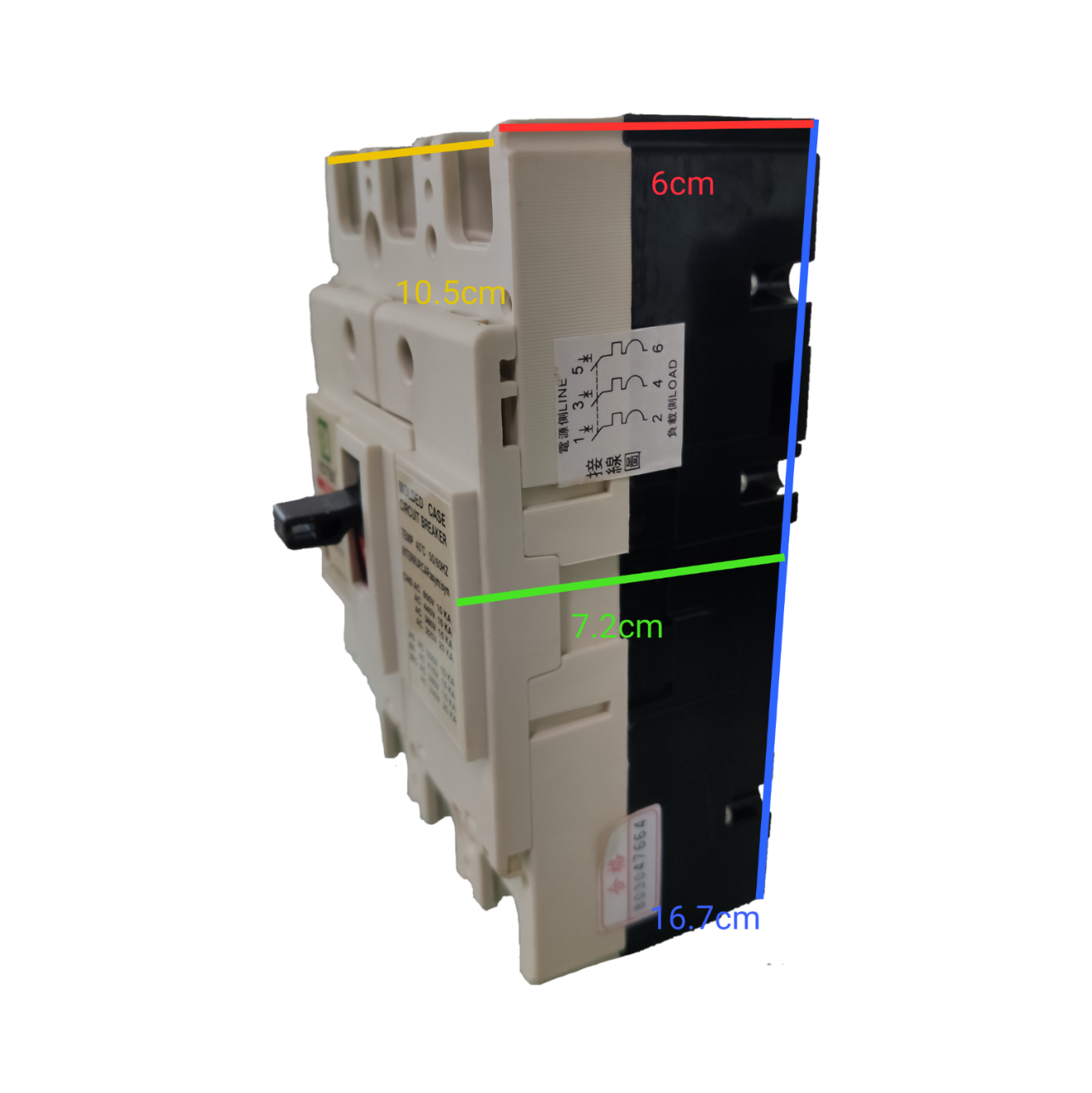 Koten 150A Molded Case Circuit Breaker electrical component with detailed dimensions shown