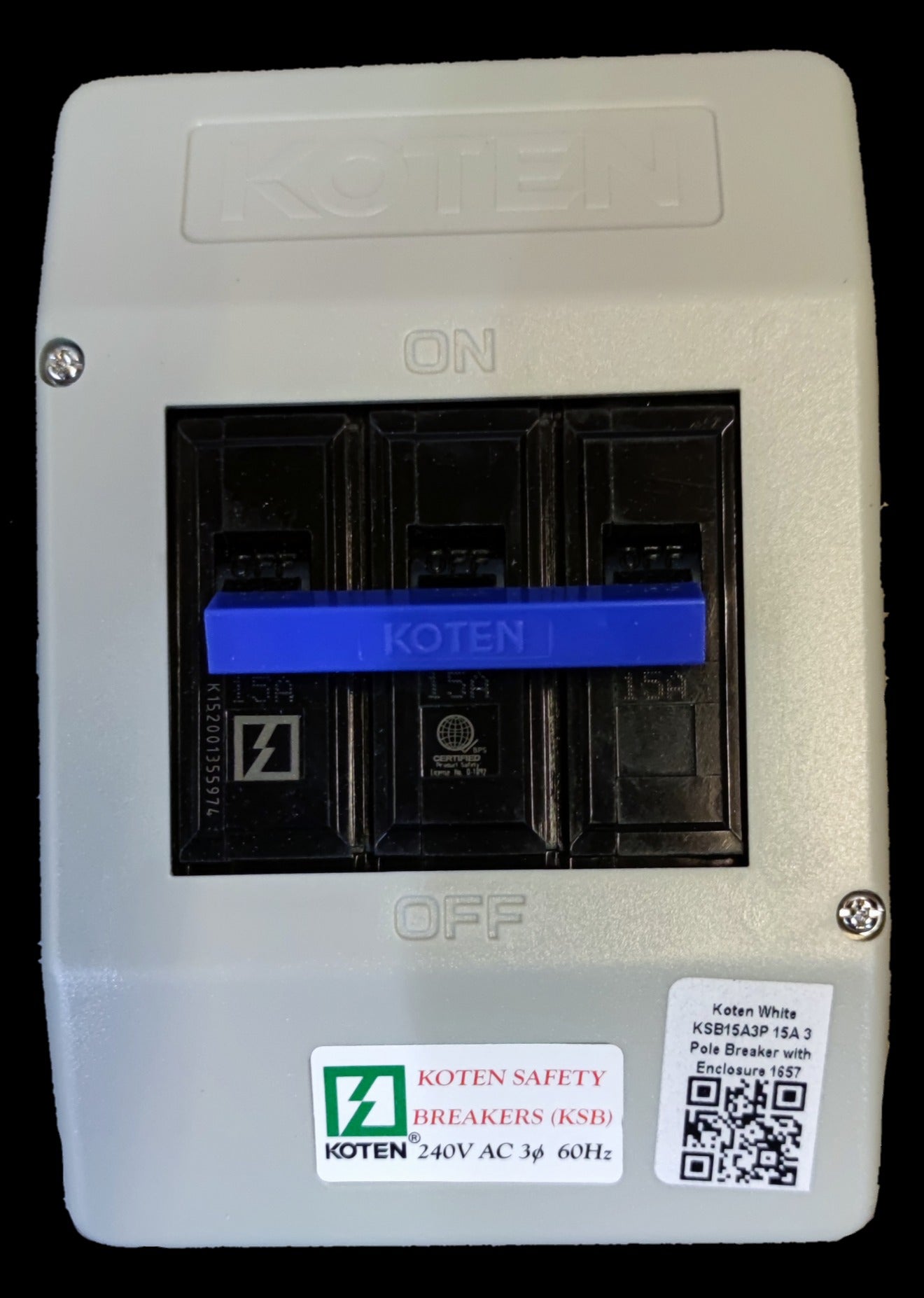 15A 3 pole circuit breaker with enclosure by Electx Electrical Supply featuring safety labels and a blue switch handle