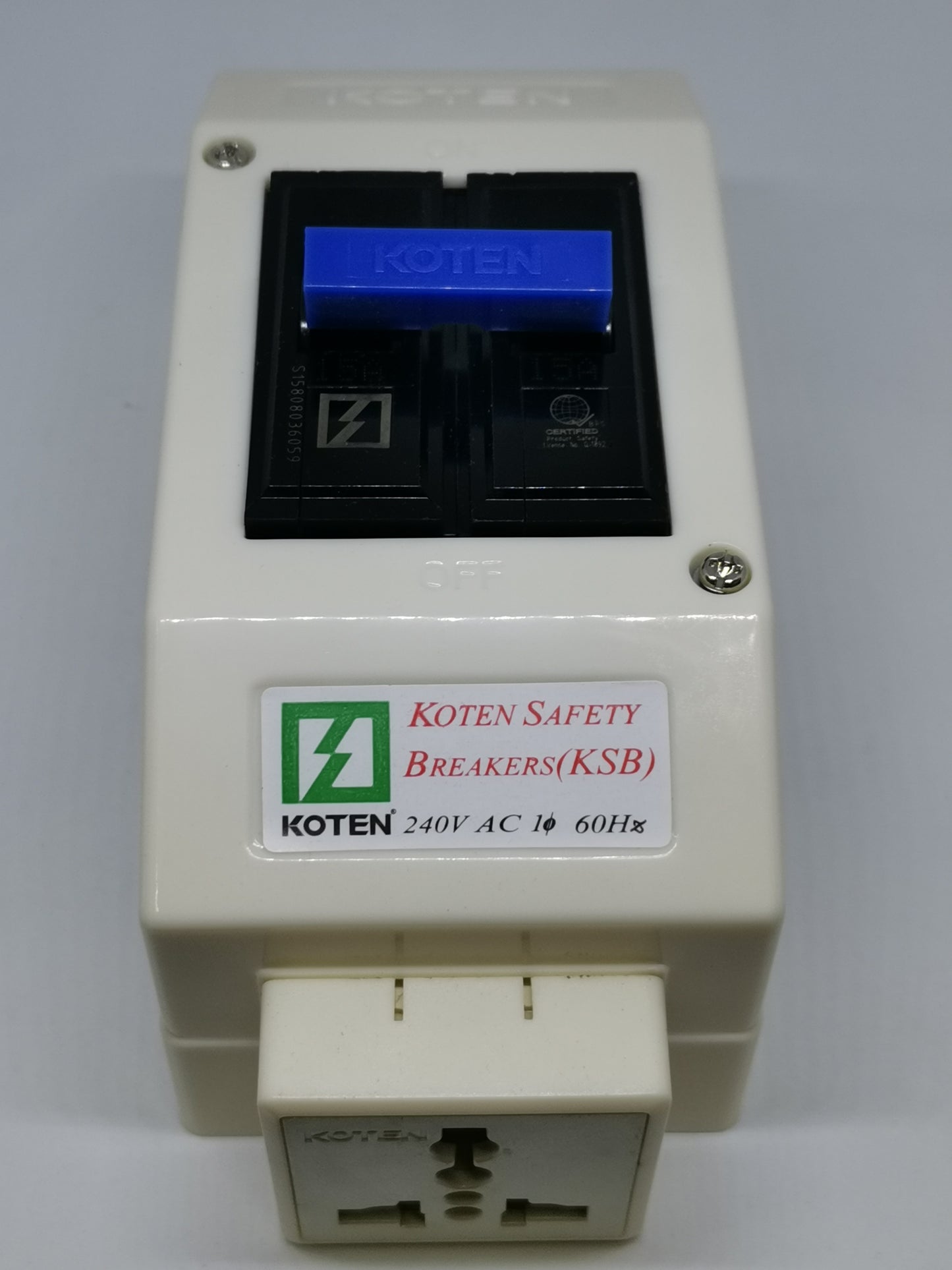 Koten 15A circuit breaker with outlet featuring blue switch and universal socket for electrical safety