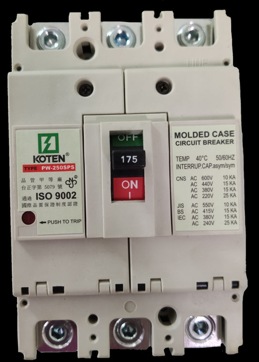 Koten 175A Industrial Circuit Breaker 3 Pole molded case with on off switch and voltage ratings