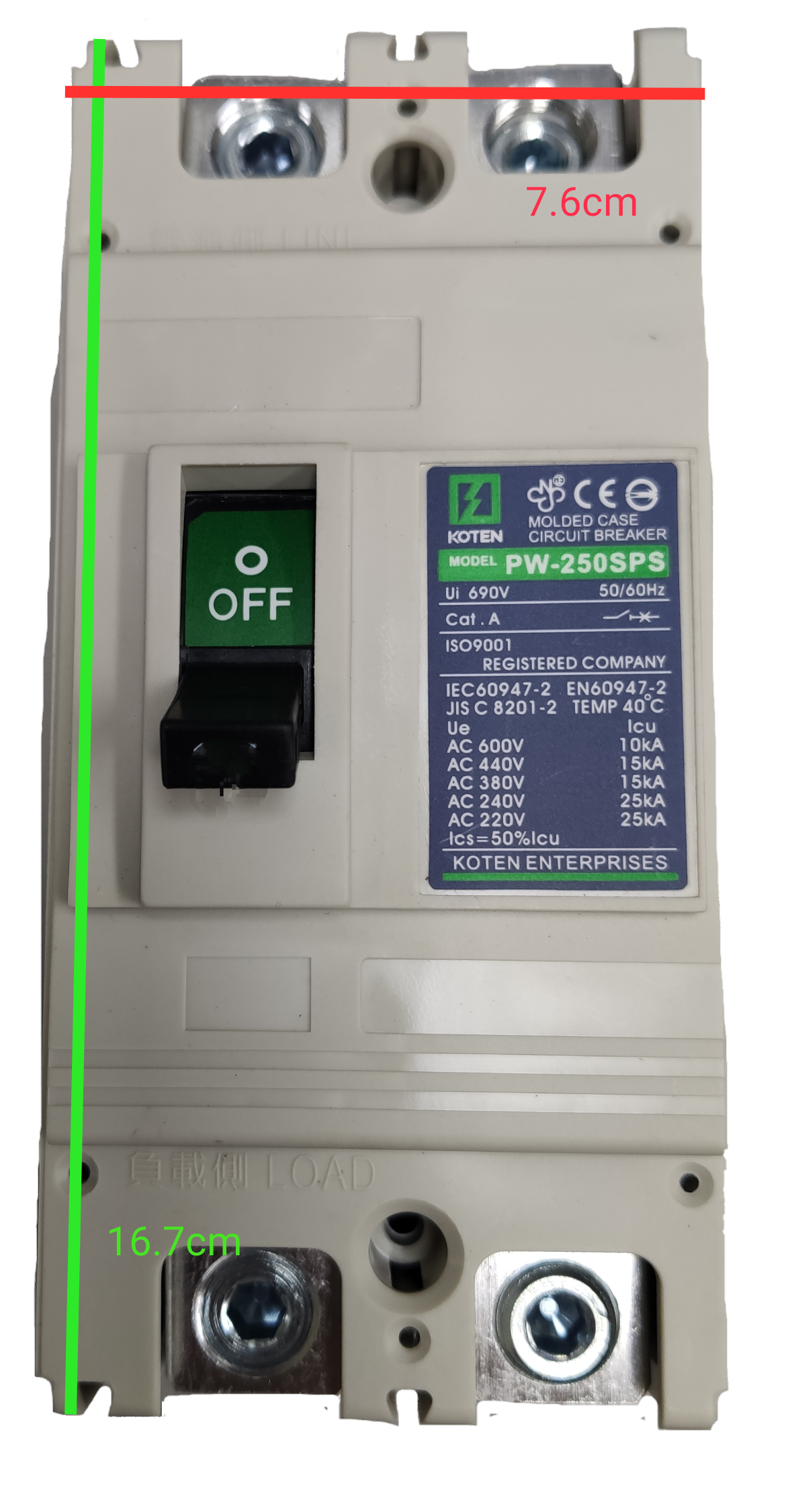 Koten 2 pole MCCB 220V 50KAIC Circuit Breaker with ON/OFF Switch and Mounting Slots