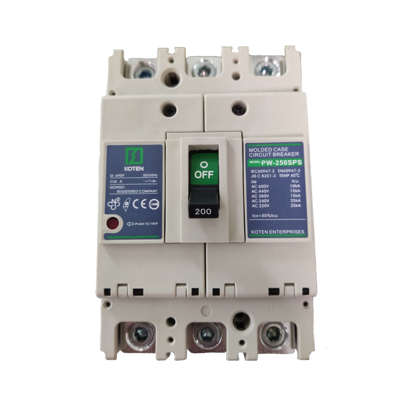 Koten 200A molded case circuit breaker with green off switch and technical specifications labels