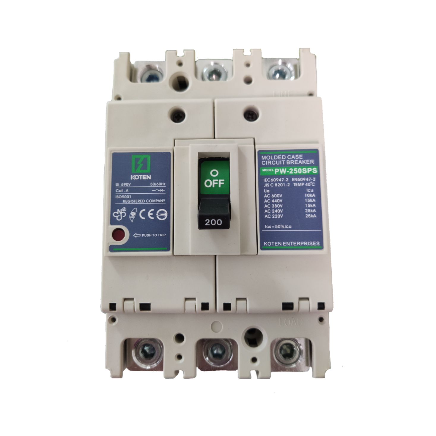 Koten 200A molded case circuit breaker with green off switch and technical specifications labels