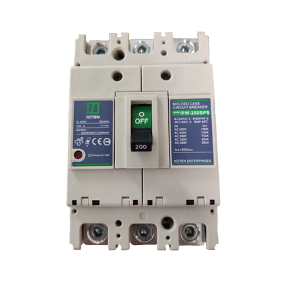 Koten 200A molded case circuit breaker with green off switch and technical specifications labels