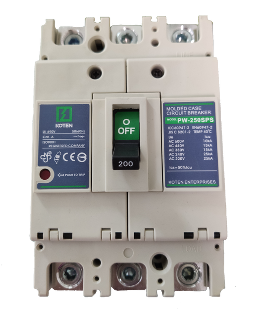 Koten 200A molded case circuit breaker with green off switch and technical specifications labels