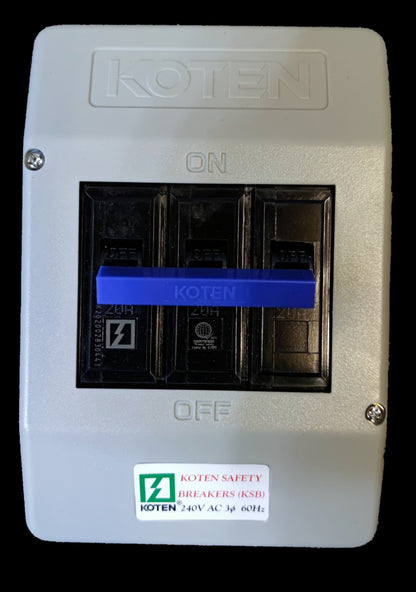 Koten 20A circuit breaker 3 pole in a white protective case with on off switch
