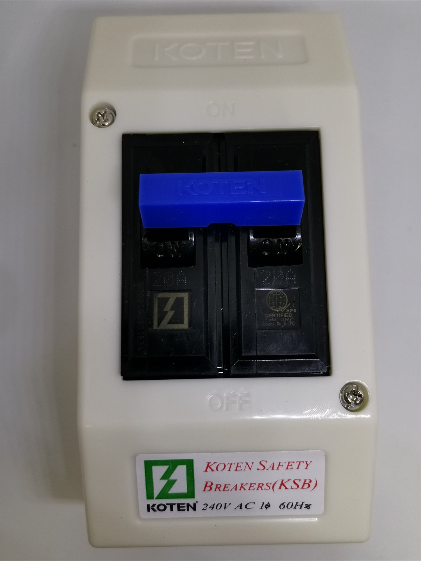 Koten 20A circuit breaker with enclosure featuring a blue switch and white protective casing