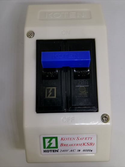 Koten 20A circuit breaker with enclosure featuring a blue switch and white protective casing