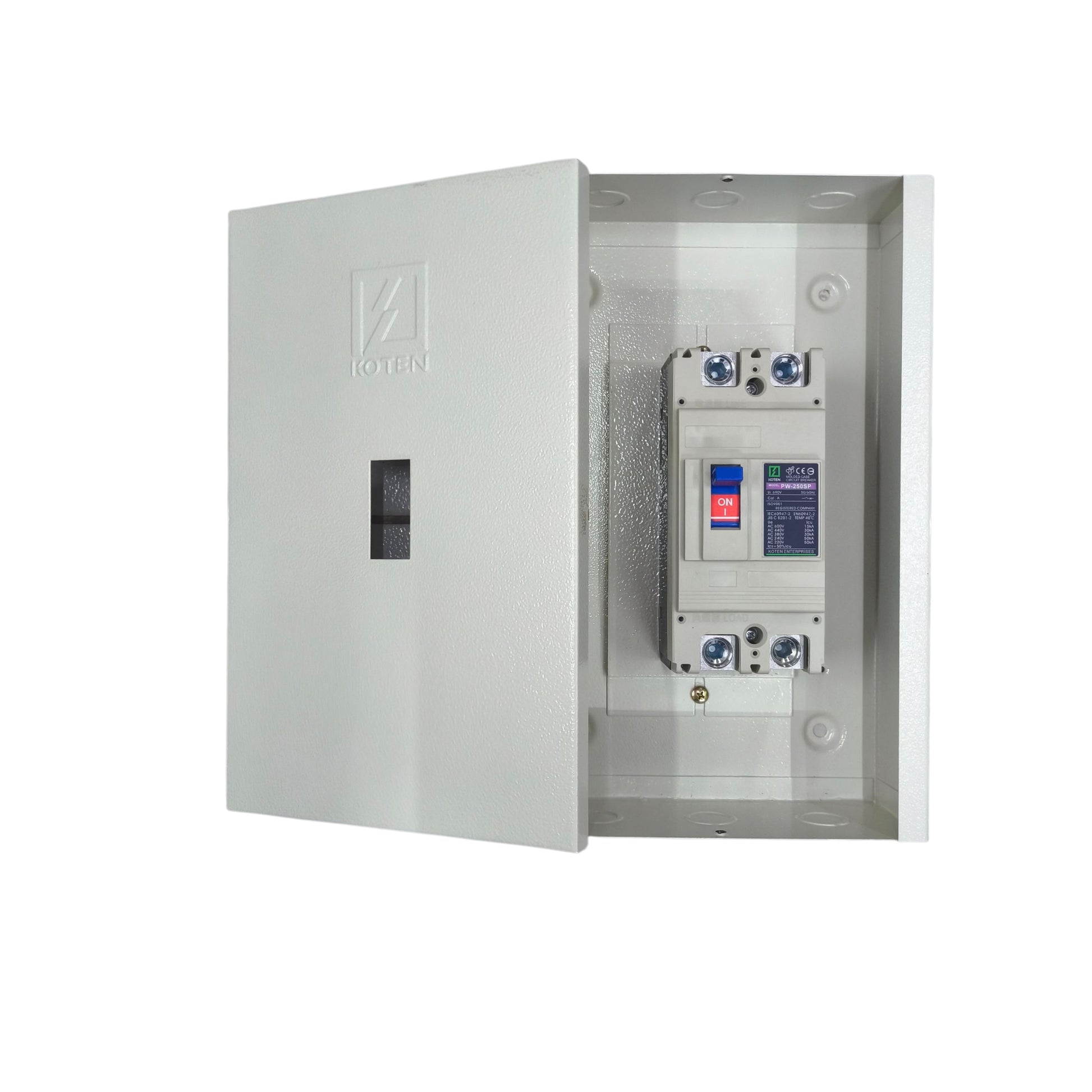 Koten 225A circuit breaker with enclosure featuring a sleek design and secure access for electrical safety