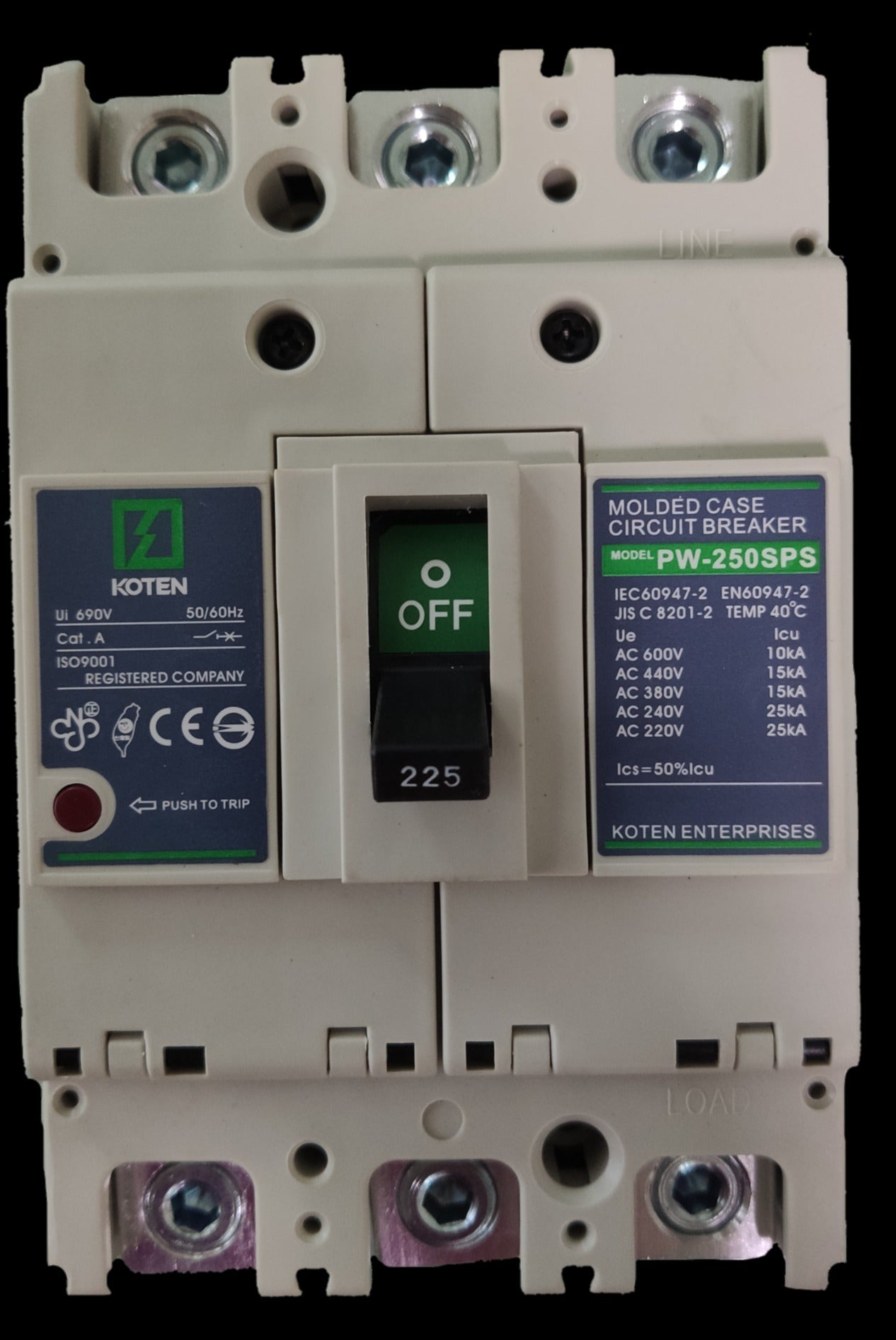 Koten 225A Molded Case Circuit Breaker 25KAIC white electrical breaker with toggle switch off