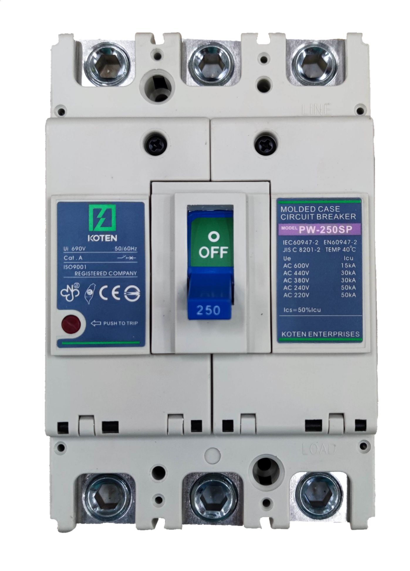 Koten 50 KAIC breaker 220v molded case circuit breaker with green off switch and three terminals