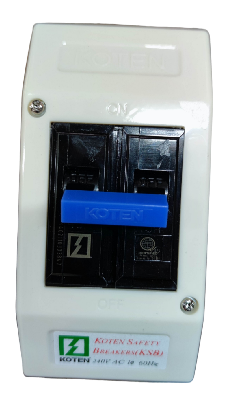 Koten 50A Breaker 250V 2P with Enclosure. White plastic box with black dual pole breaker and blue handle