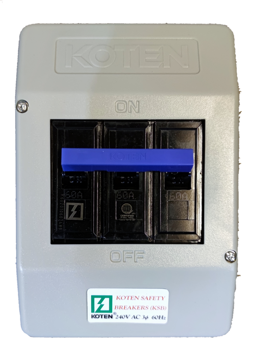 Koten 60A Circuit Breaker with Enclosure 3 Pole in gray casing with blue switch handle