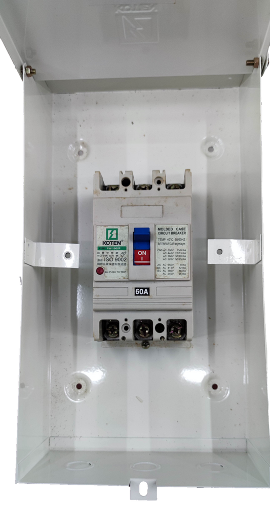 Koten 60A Industrial Circuit Breaker 3Pole installed in a white protective enclosure