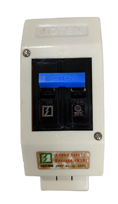 Koten 70A 2Pole Circuit Breaker with Enclosure in white with blue switch and safety labels