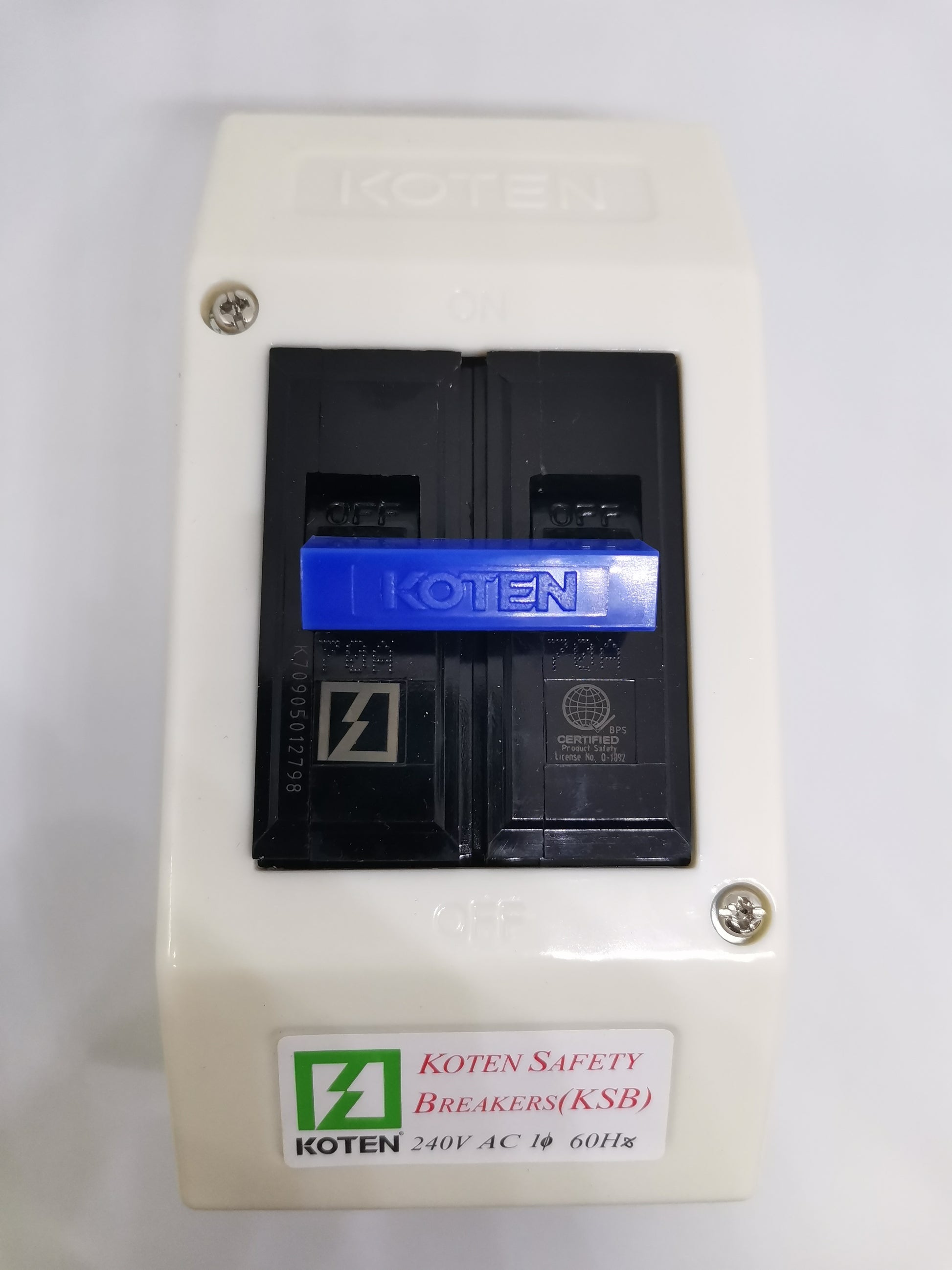 Koten 70A Breaker with Enclosure 2 Pole white plastic box with blue KOTEN handle and label