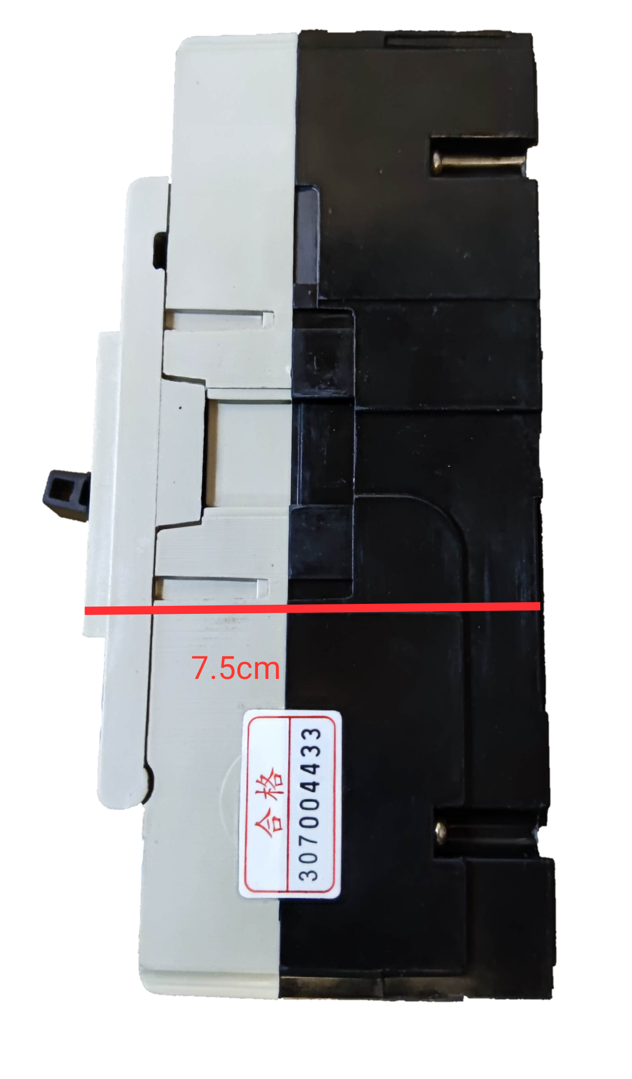 75A industrial circuit breaker by Electx Electrical Supply showing side view with black and white casing