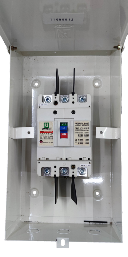 Koten Circuit Breaker 3 Pole 25KAIC 220V AC mounted in white electrical enclosure box