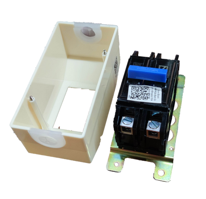 Koten Circuit Breaker with Enclosure 15A 2P showing black two pole breaker with blue toggle and white plastic box