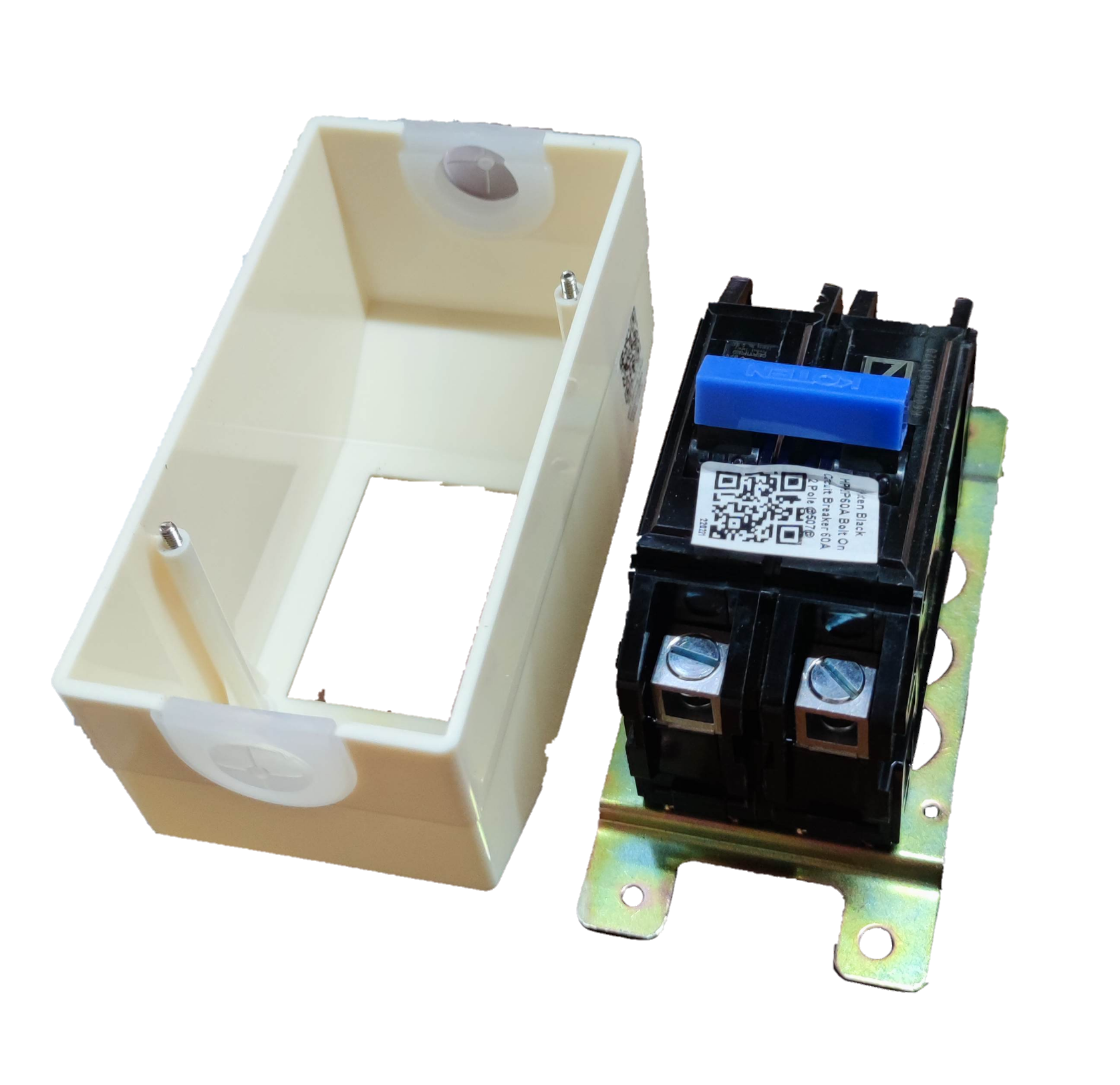 Koten ECB KSB KSB40A2P 40A Circuit Breaker dual pole assembly with metal mounting bracket and plastic enclosure