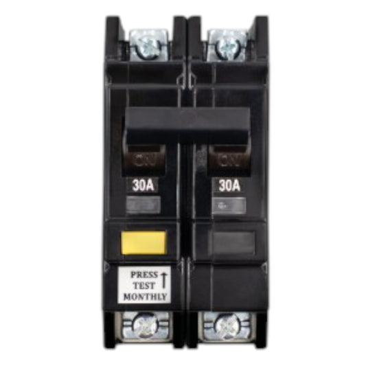 Koten RCBO 30A bolt-on breaker. Dual pole black RCBO with yellow test button and screw terminals