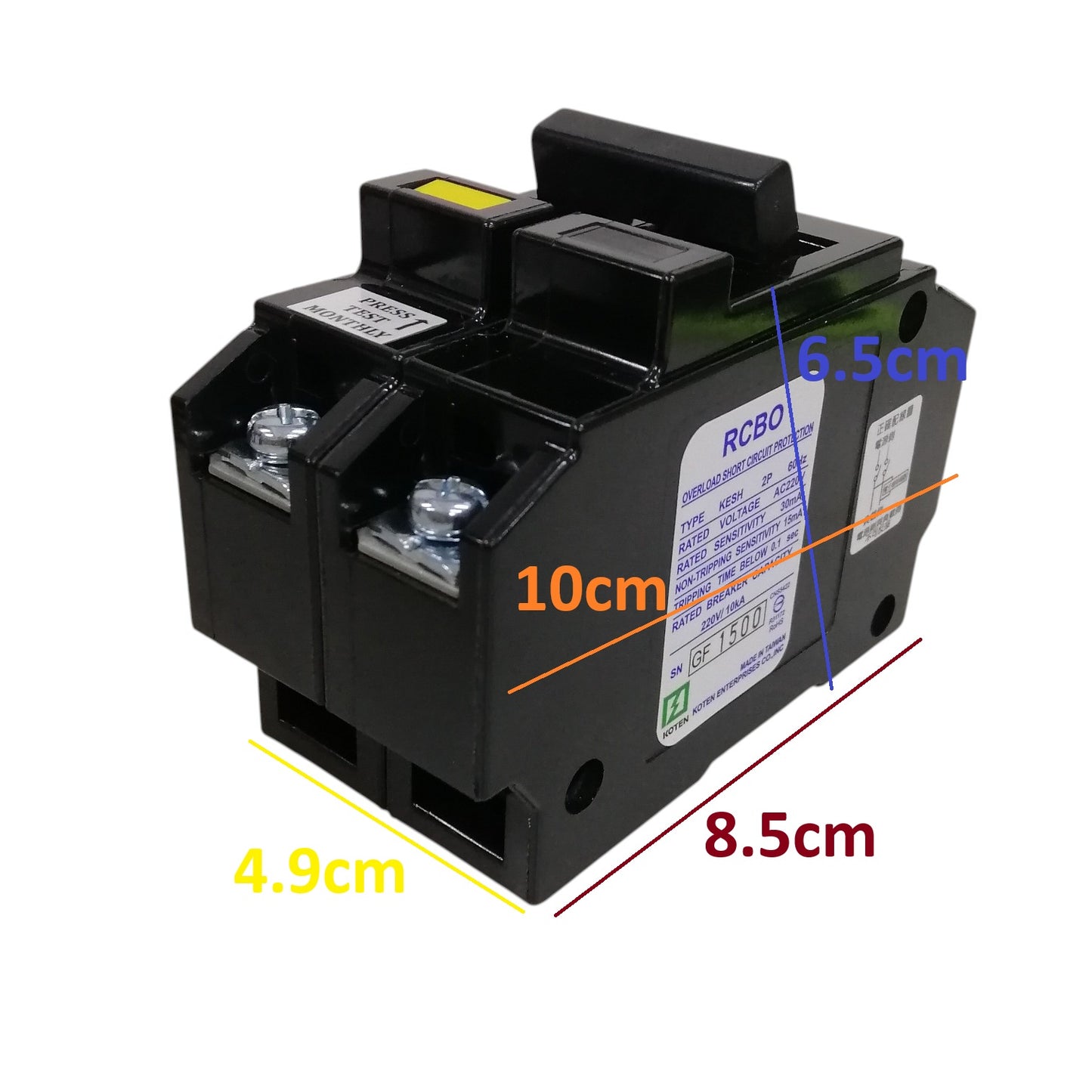 Koten RCBO 60A 2 Pole breaker black molded case with screw terminals residual and overcurrent protection