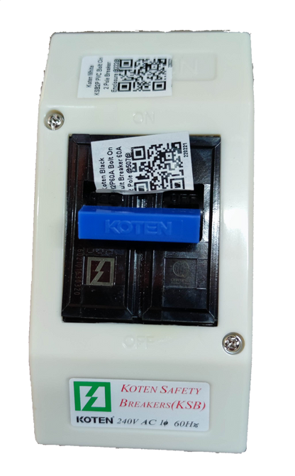 KSB 60A Circuit Breaker with PVC Enclosure. Koten single pole white PVC housing with blue toggle and safety label