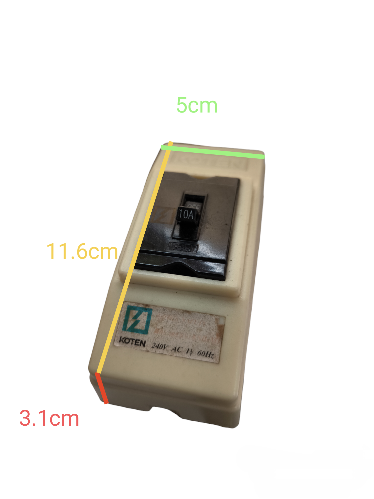 Koten miniature circuit breaker with 10A switch and compact white casing measuring 11.6cm by 5cm