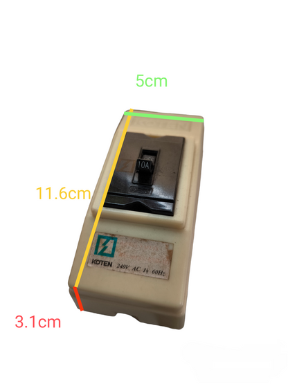 Koten miniature circuit breaker with 10A switch and compact white casing measuring 11.6cm by 5cm