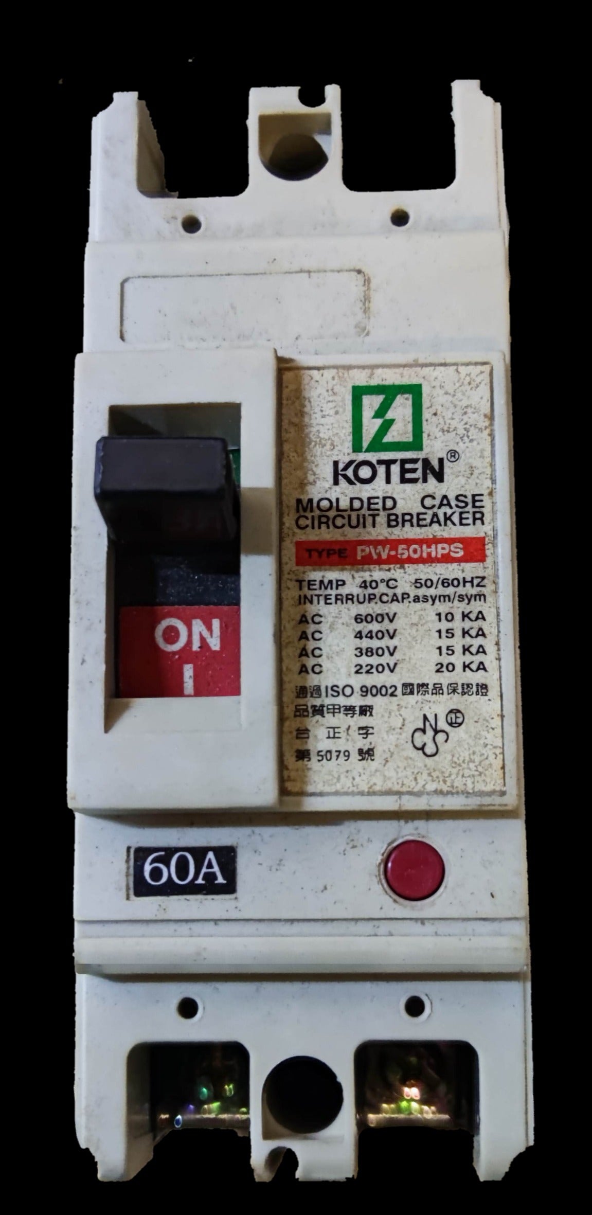 Koten Molded Case Circuit Breaker Single Phase 2 Pole 25KAIC 250V with 60 Amp rating and ON switch