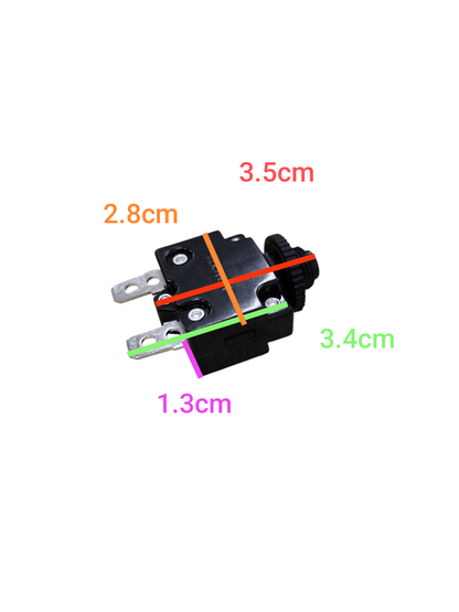 15A push to reset circuit breaker with dimensions 3.5cm x 2.8cm x 4.4cm for electrical applications