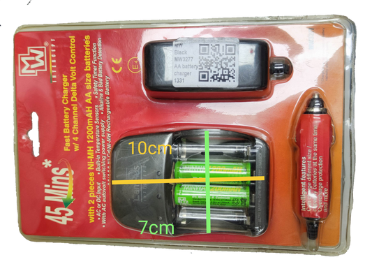 MW AA battery charger 220V fast charger with two green Ni-MH AA 2200mAh rechargeable batteries in red packaging